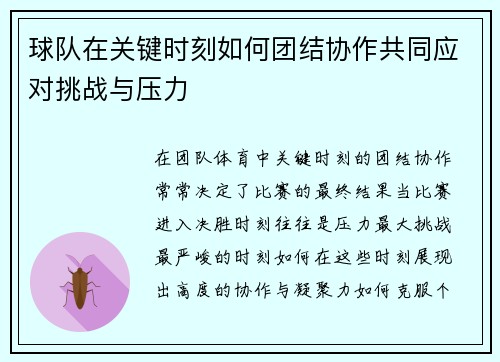 球队在关键时刻如何团结协作共同应对挑战与压力